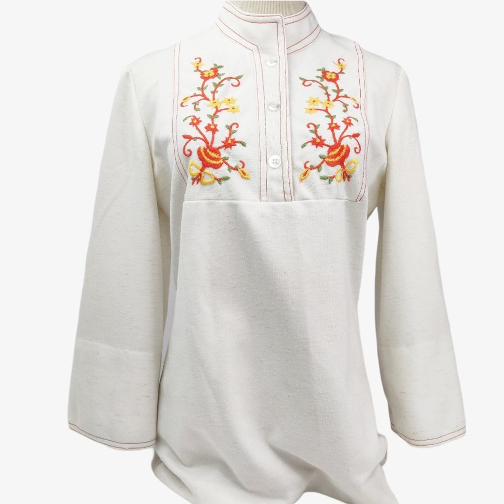 Vintage 1970s Folk Tunic Peasant Blouse Floral M